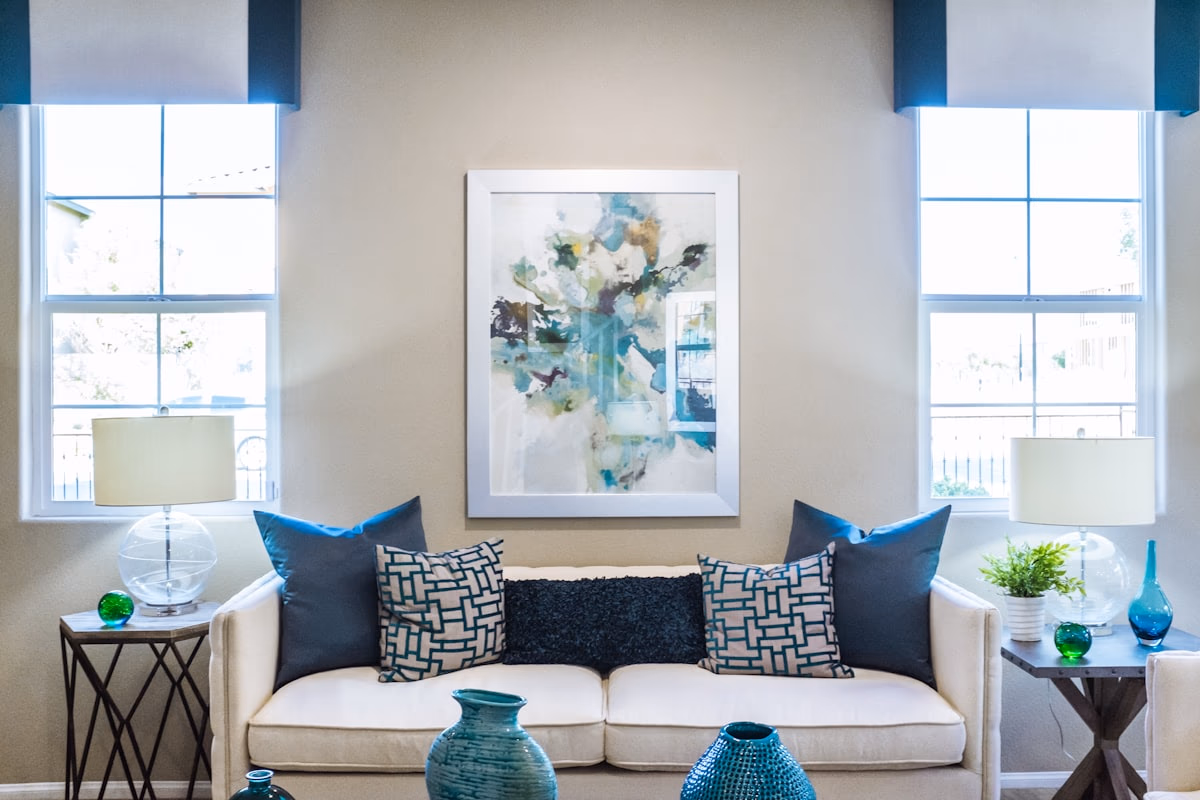 Luxury living room with customized window blinds and shades in a premium Dubai home