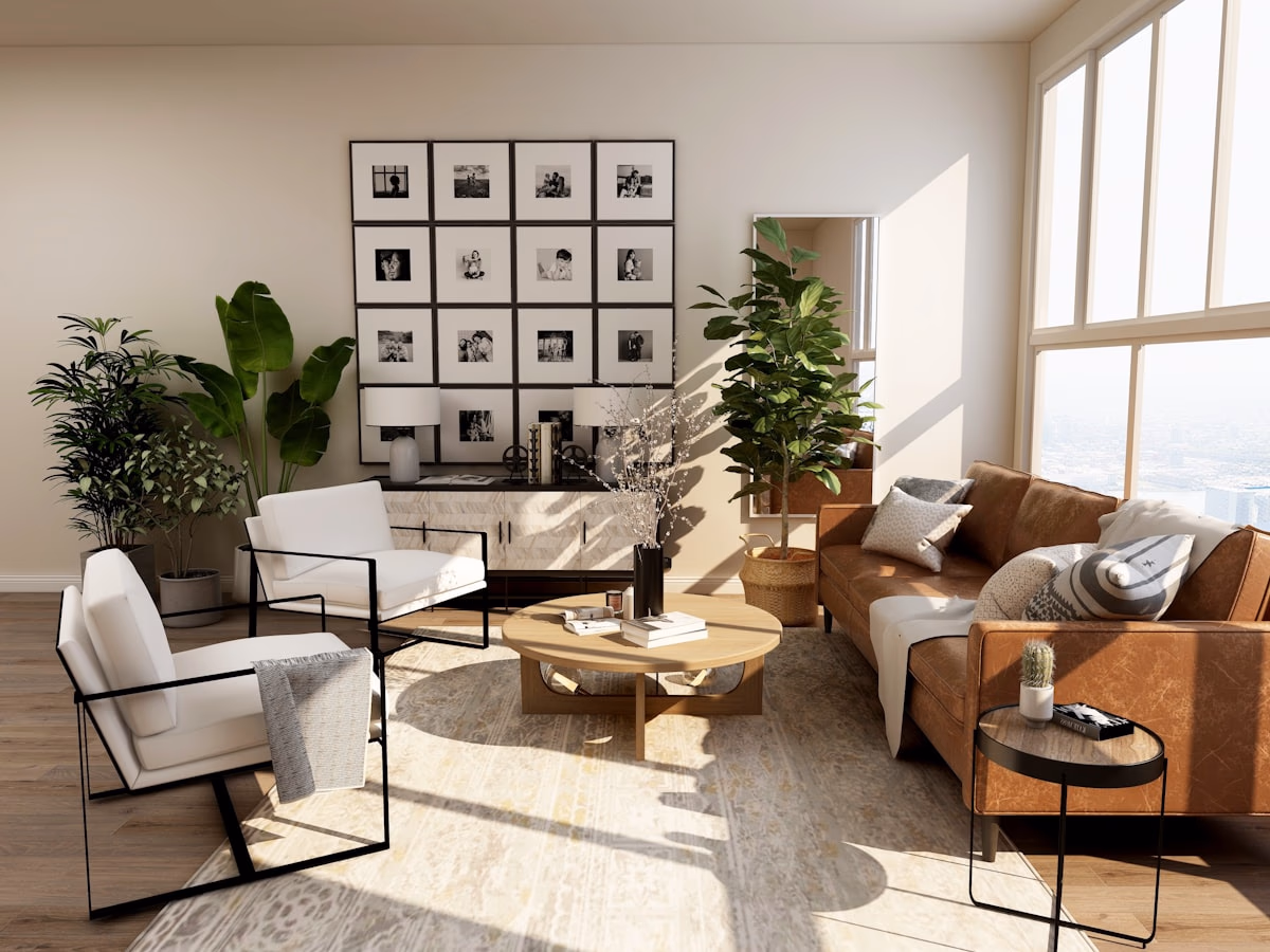 Modern luxury living room with automated sheer and blackout curtains in Dubai