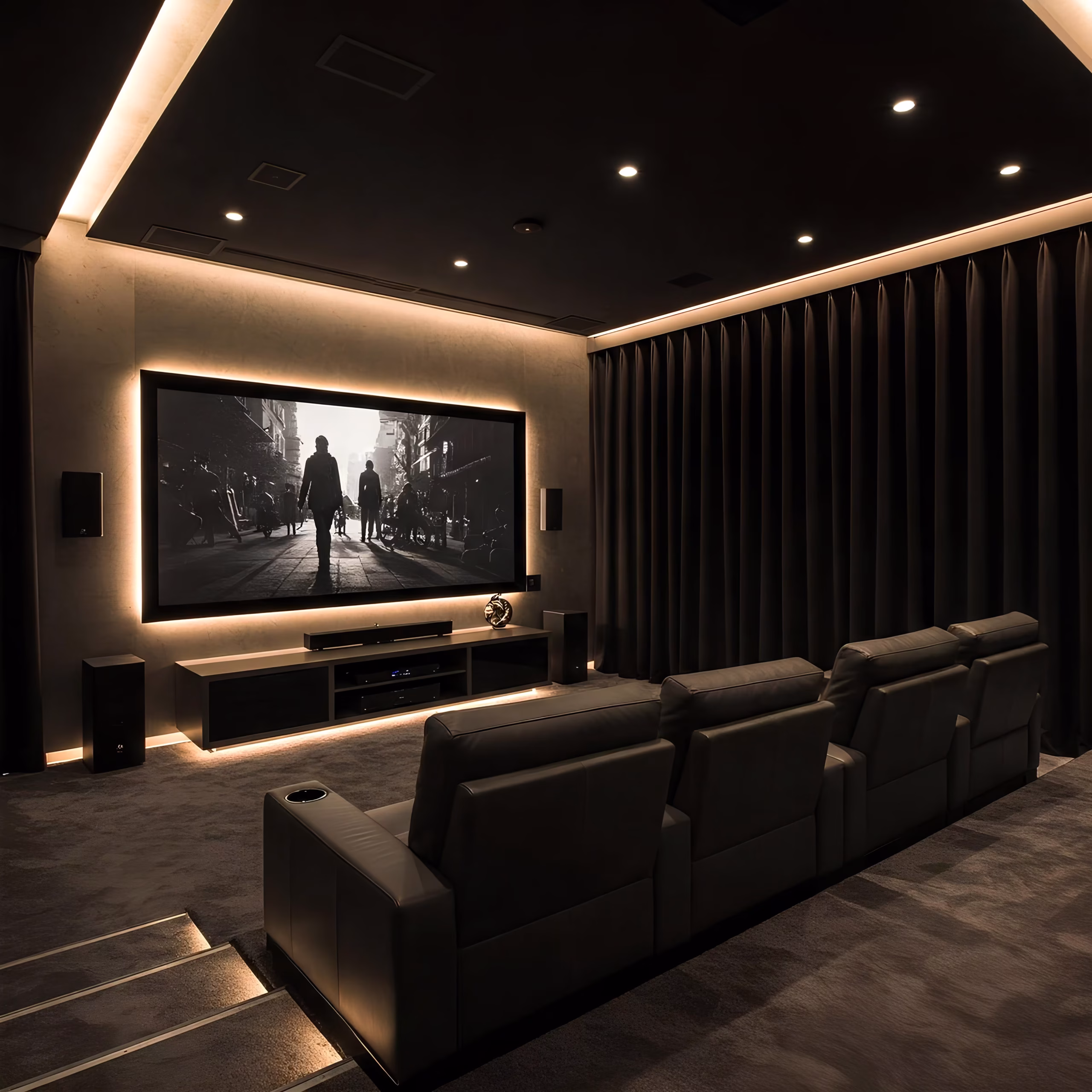 Luxury home theatre in Dubai with full blackout curtains for total darkness and cinematic viewing experience.